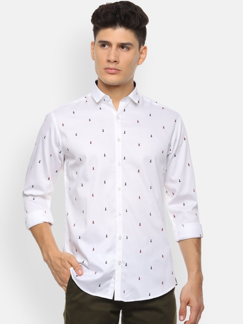 

V Dot Men White & Navy Blue Slim Fit Printed Casual Shirt