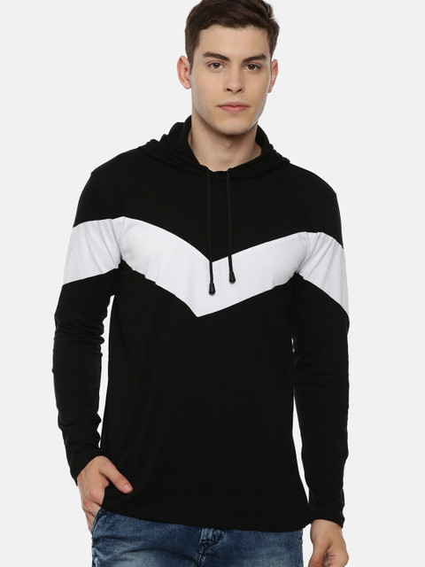 

KAY DEE Men Black Striped Hood T-shirt