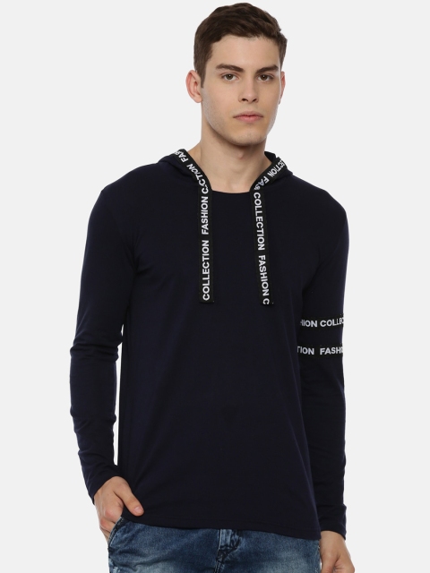 

KAY DEE Men Navy Blue Self Design Hood T-shirt