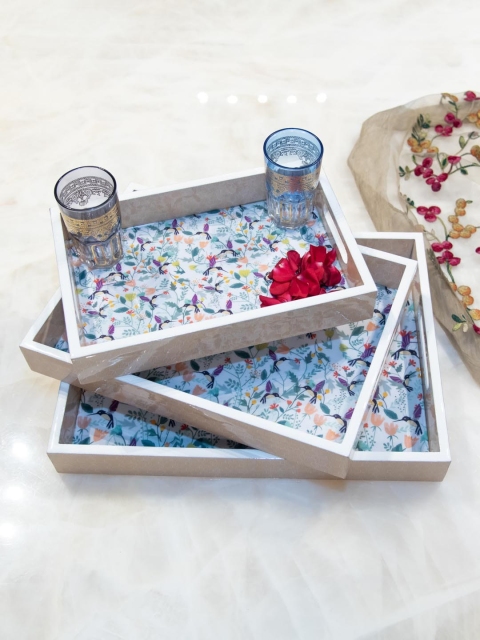 

Tistabene Set Of 3 White & Blue Floral Printed Trays