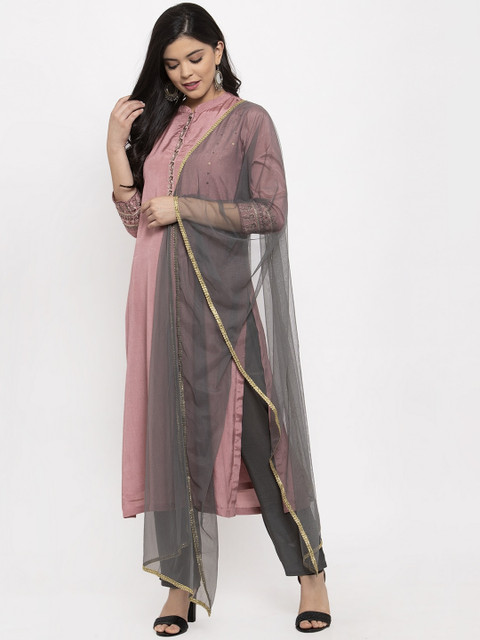 

Aujjessa Women Mauve & Grey Self Design Kurta with Trousers & Dupatta