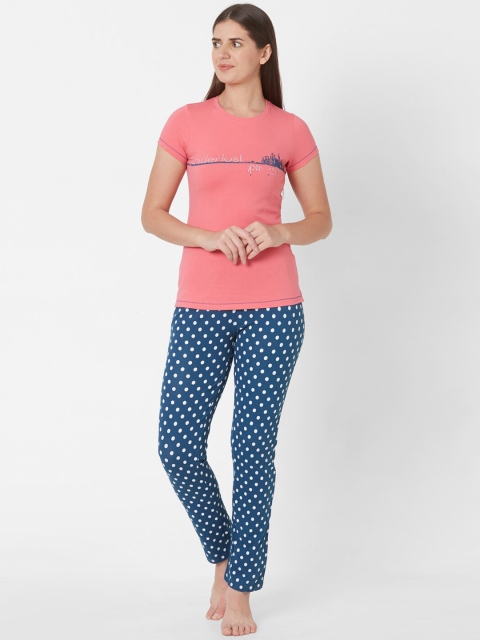 

Sweet Dreams Women Pink & Blue Polka Dots Print Night Suit