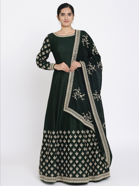 

Koskii Women Green Embroidered Maxi Designer Gown With Dupatta