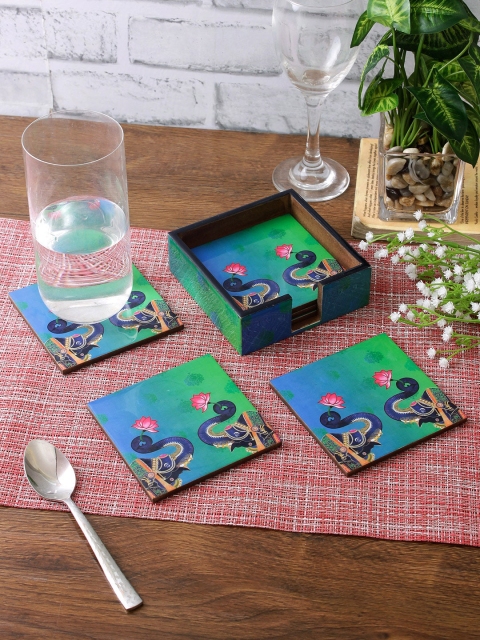 

eyda Set Of 6 Green & Blue Digital Printed Square Wooden Coasters With Holder