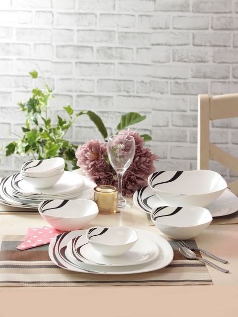 

Laopala White Midnight Black Printed 21 Pieces Opalware Dinner Set