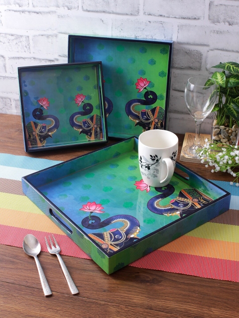 

eyda Set of 3 Green Color Digital Printed Square Serving Tray