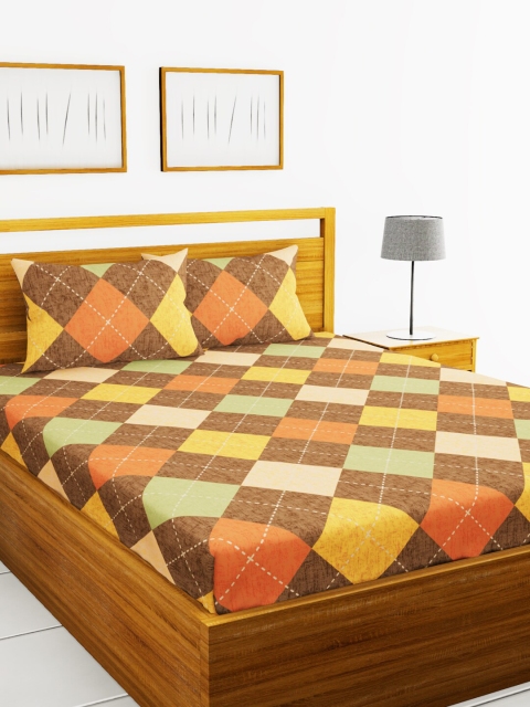 BIANCA Brown Abstract TC Polyester 1 Bedsheet with 2 Pillow Covers