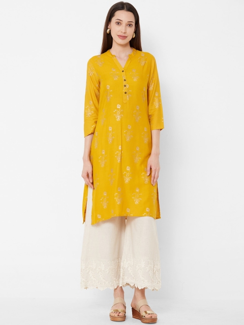 

Vedic Women Mustard Yellow & Gold-Coloured Foil Floral Printed A-Line Kurta