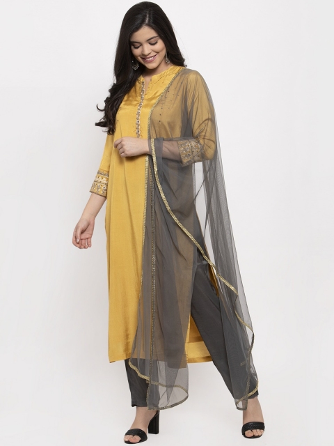 

Aujjessa Women Mustard Yellow & Grey Self Design Kurta with Trousers & Dupatta