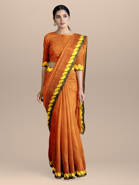

BharatSthali Brown & Gold-Coloured Striped Silk Cotton Saree