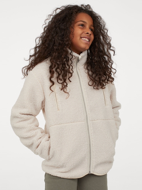 

H&M Girls Beige Solid Faux Shearling Jacket