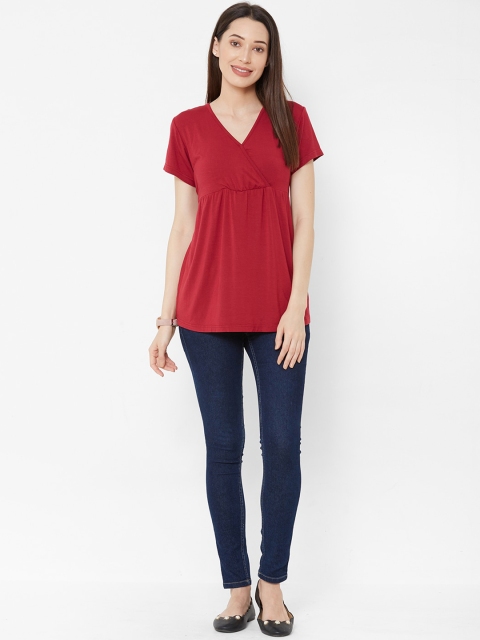 

Mystere Paris Women Maroon Solid A-Line Maternity Pure Cotton Top