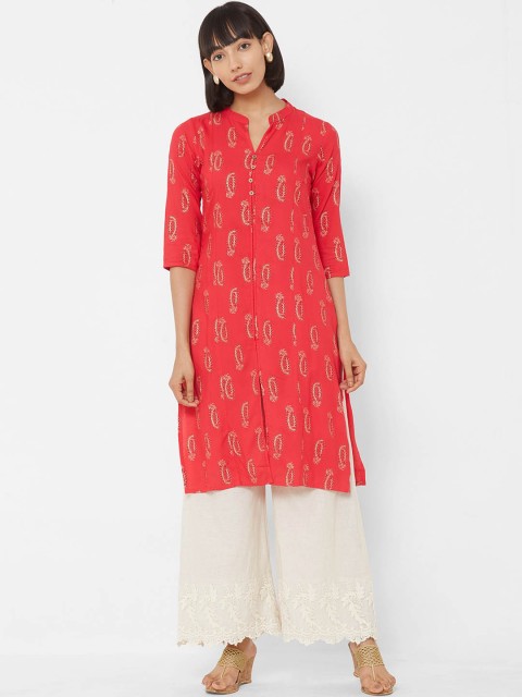 

Vedic Women Red Foil Print A-Line Kurta