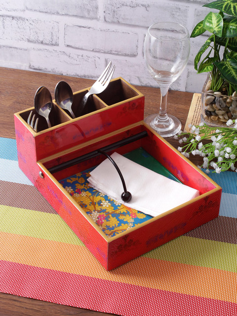 

eyda Teal Green & Red Spring Flowers Digital Printed MDF Cutlery and Tissue Holder