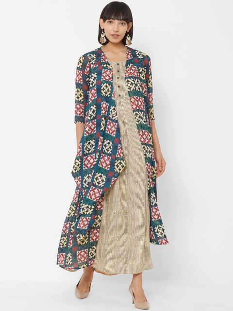 

Vedic Women Beige & Blue Striped A-Line Kurta With Attached Jacket
