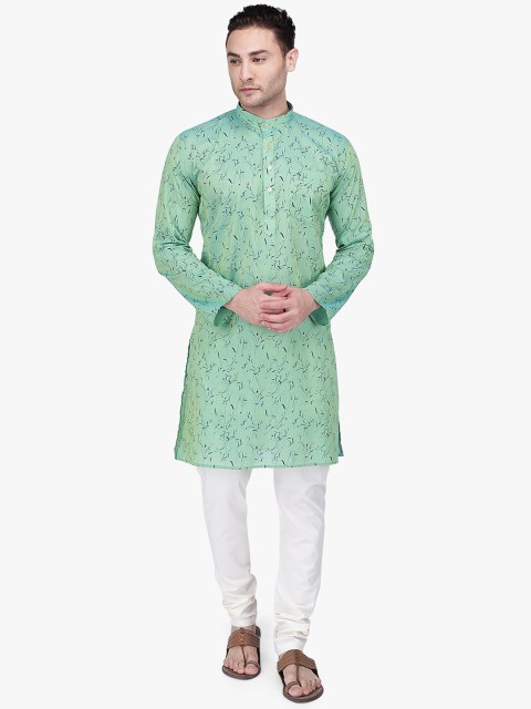 

RAJUBHAI HARGOVINDAS Men Green & Cream-Coloured Floral Printed Kurta with Churidar