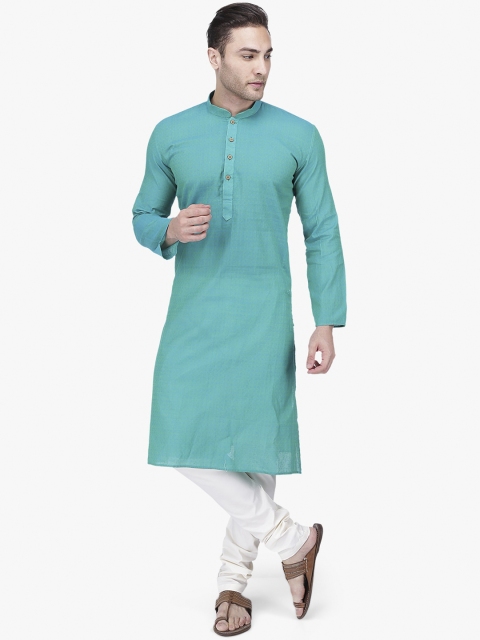 

RAJUBHAI HARGOVINDAS Men Green & Cream-Coloured Solid Kurta with Churidar