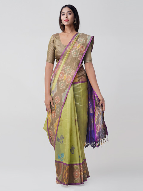 

Unnati Silks Green Silk Cotton Woven Design Handloom Pochampally Saree