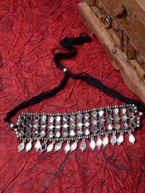 

Moedbuille German Silver Handcrafted Mirror Studded Oxidised Choker Necklace