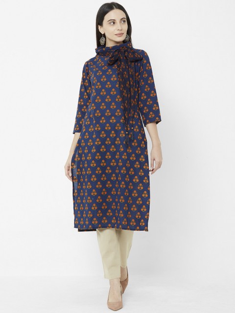 

Vedic Women Blue & Orange Floral Printed A-Line Kurta