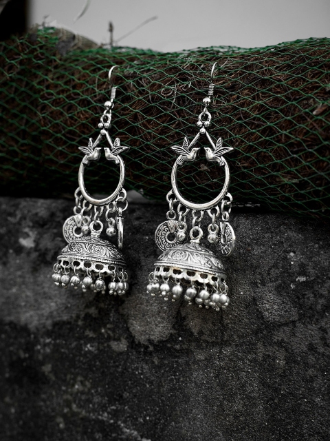 

ZeroKaata Silver-Toned Dome Shaped Oxidised Jhumkas
