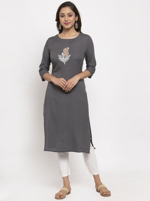 

TAG 7 Women Grey Floral Embroidered Straight Kurta