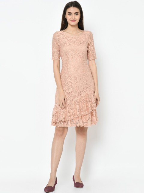

Latin Quarters Women Beige Floral Self Design Lace Sheath Dress