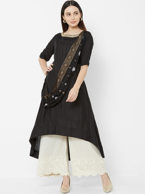

Vedic Women Black & Gold-Coloured Solid A-Line Kurta & Attached Drape