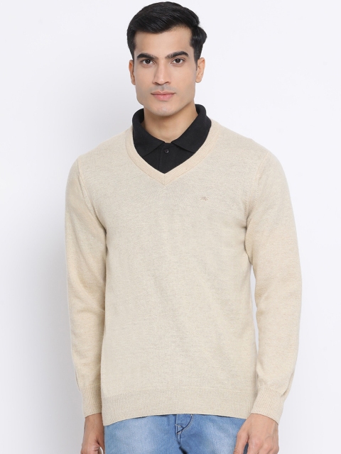 

Monte Carlo Men Cream-Coloured Solid Woolen Pullover Sweater