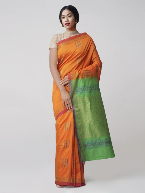 

Unnati Silks Orange & Green Woven Design Kanjeevaram Saree