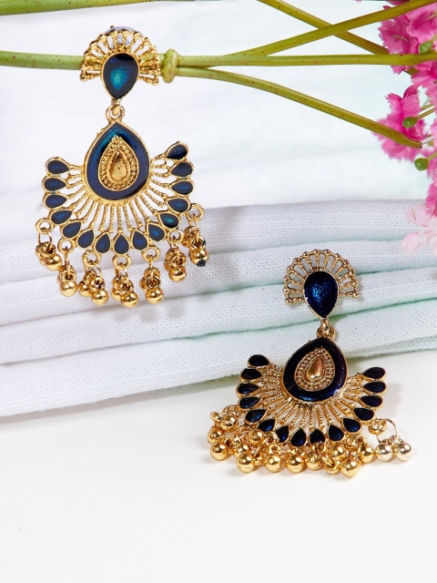 

ZeroKaata Gold-Plated & Blue Peacock Shaped Drop Earrings