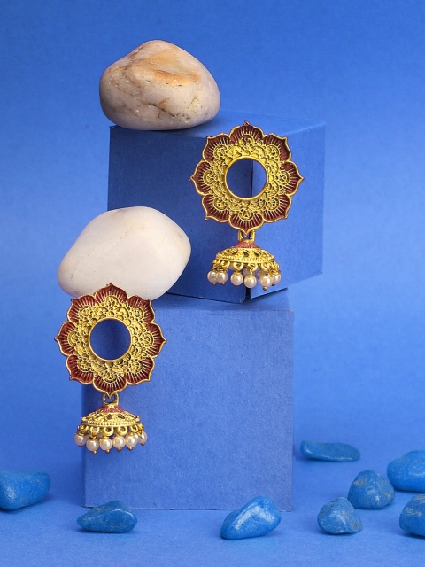 

Adwitiya Collection 24 Ct Gold-Plated & Maroon Dome Shaped Jhumkas
