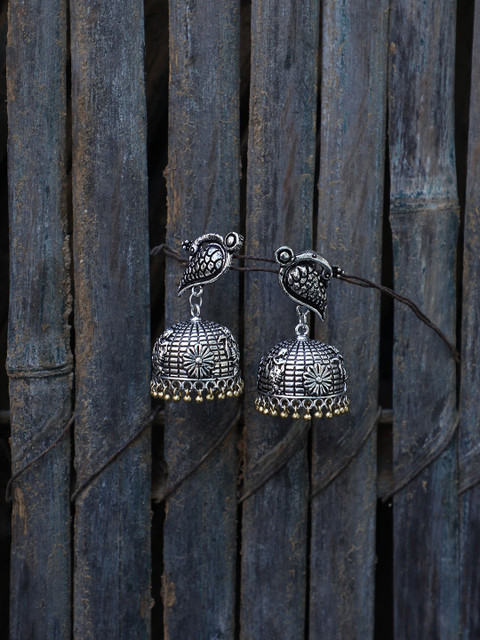 

ZeroKaata Silver-Toned Dome Shaped Oxidised Drop Earrings