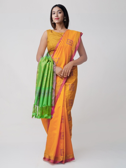 

Unnati Silks Orange & Green Solid Handloom Kanjeevaram Saree