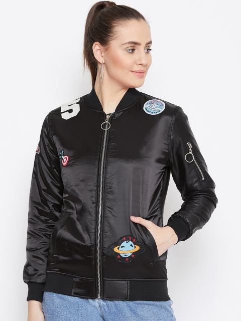 

Austin wood Women Black Solid Lightweight Bomber Jacket