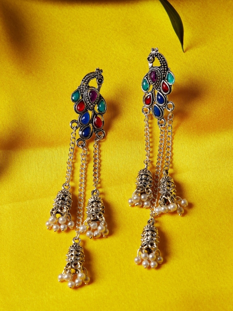 

ZeroKaata Silver-Plated & Blue Peacock Shaped Handcrafted Drop Earrings