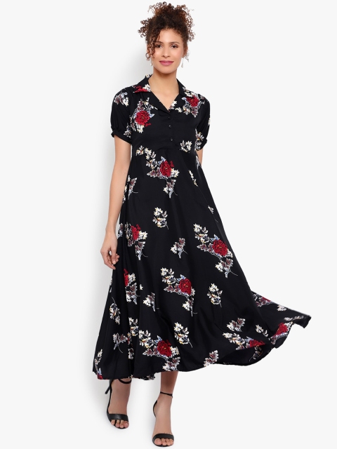 

Indietoga Women Black Floral Printed Fit and Flare Dress
