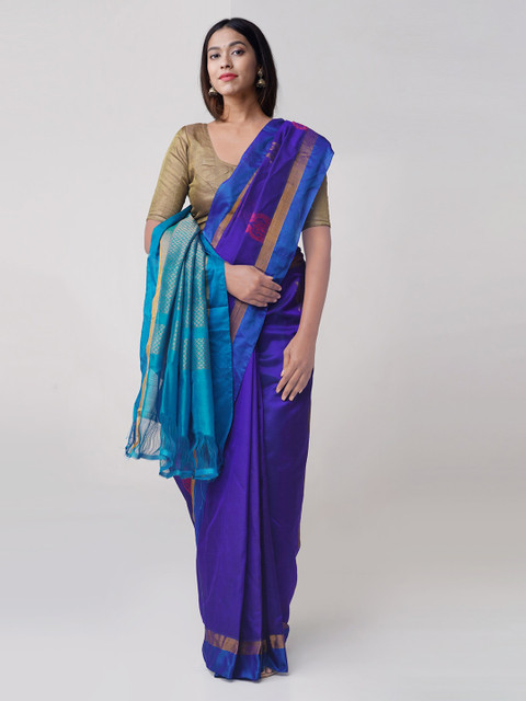 

Unnati Silks Blue Silk Cotton Woven Design Handloom Kanjeevaram Saree