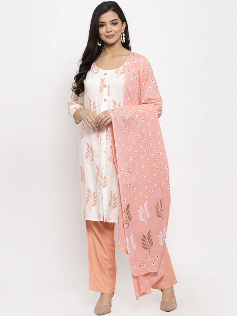 

Aujjessa Women White & Peach-Coloured Embroidered Kurta with Trousers & Dupatta