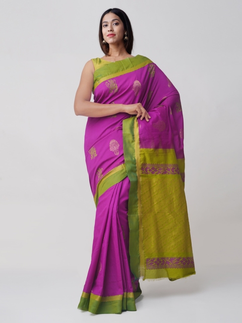 

Unnati Silks Purple & Green Silk Cotton Woven Design Handloom Kanjeevaram Saree