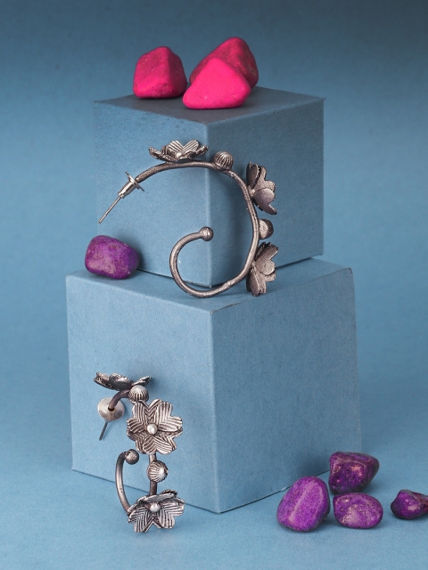 

Adwitiya Collection Silver-Plated Oxidized Floral Half Hoop Earrings