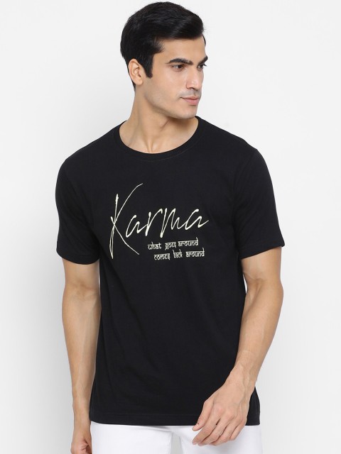 

YOLOCLAN Men Black Printed Round Neck Pure Cotton T-shirt