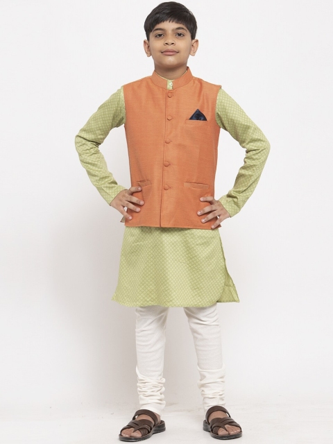 

NEUDIS Boys Green & Off-White Solid Kurta with Churidar & Nehru Jacket