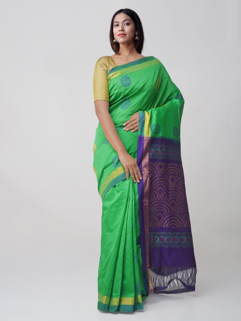 

Unnati Silks Green Silk Cotton Handloom Woven Design Kanjeevaram Saree