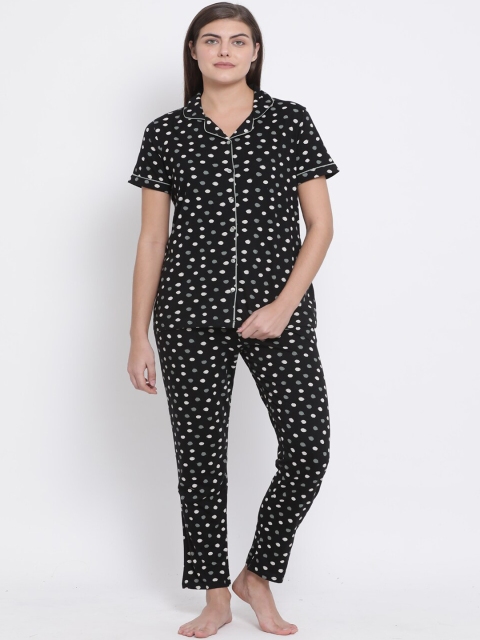 

Kanvin Women Black & White Polka Dot Printed Night Suit