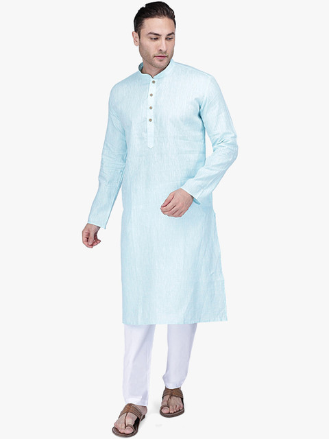 

RAJUBHAI HARGOVINDAS Men Turquoise Blue & White Self Design Kurta with Pyjamas