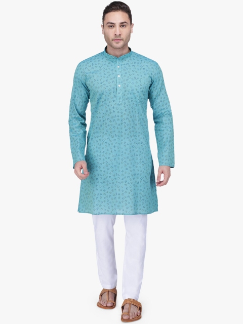 

RAJUBHAI HARGOVINDAS Men Turquoise Blue & White Printed Kurta with Churidar