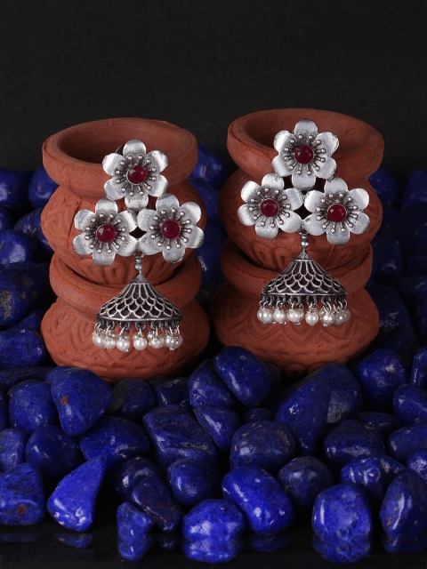 

Adwitiya Collection Silver-Plated & Pink Floral Jhumkas