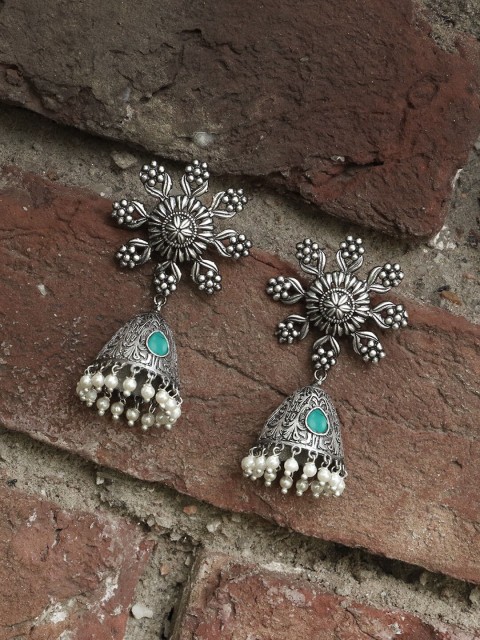 

Adwitiya Collection Silver-Plated & Green Classic Jhumkas