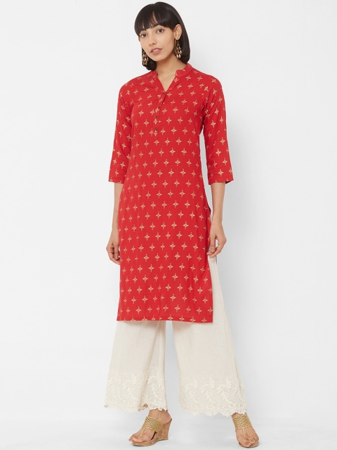 

Vedic Women Red & Gold-Coloured Foil Printed A-Line Kurta